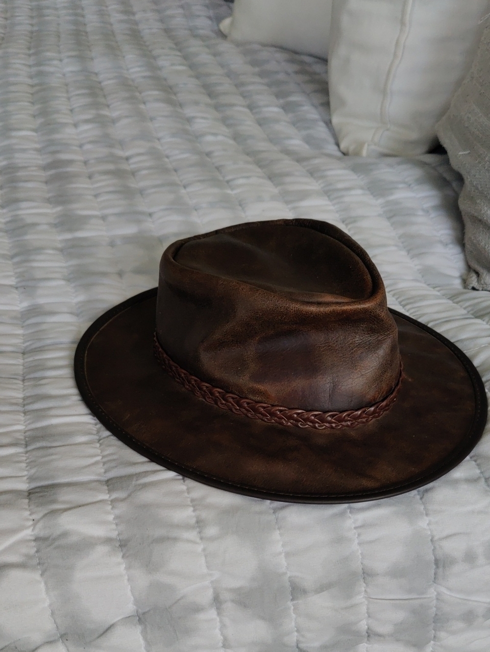 American Hat Makers Mens Bomber Brown Crushable Leather Braided Band Outback Hat